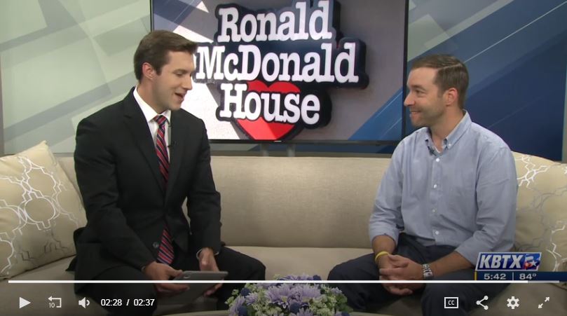 Video still of Tanner Williams from RMHC CTX discussing Radiothon with a KBTX news anchor on two couches